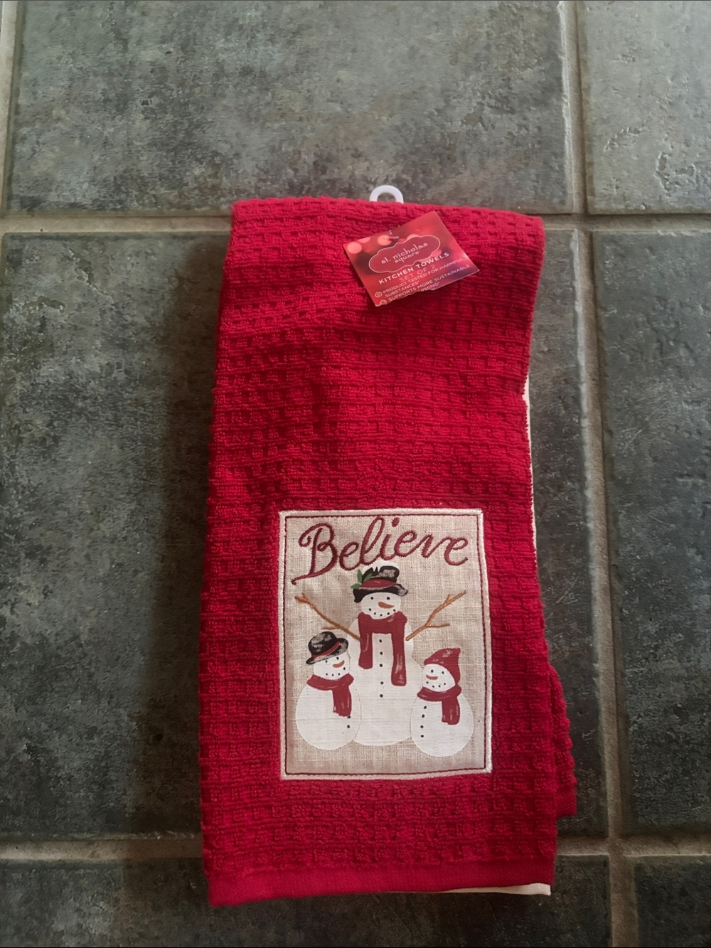 St. Nicholas Square Red 'Believe' Snowman Kitchen Towel